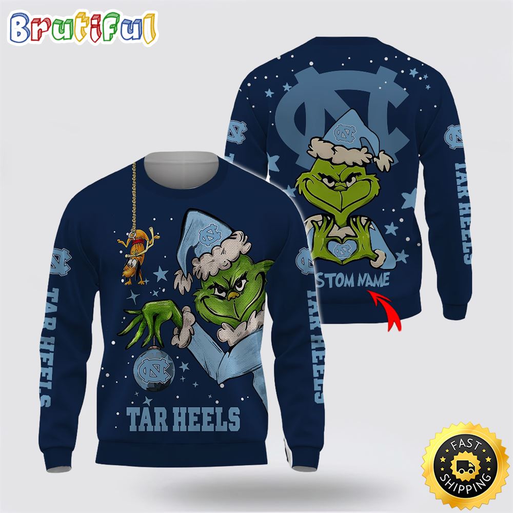 Custom Name NCAA North Carolina Tar Heels Ugly Sweater Grinch Funny Christmas Football Sweater 1 cyblvf.jpg