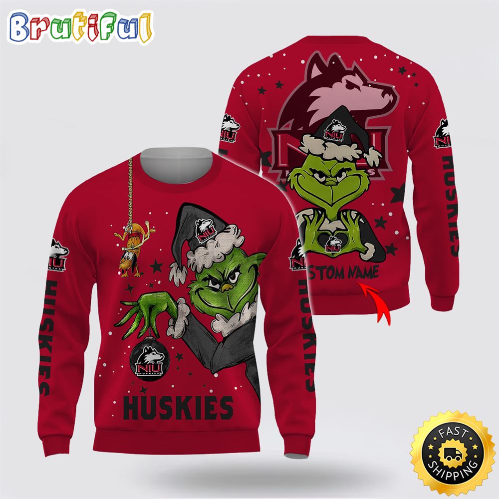 Custom Name NCAA Northern Illinois Huskies Ugly Sweater Grinch Funny Christmas Football Sweater 1 fescno.jpg