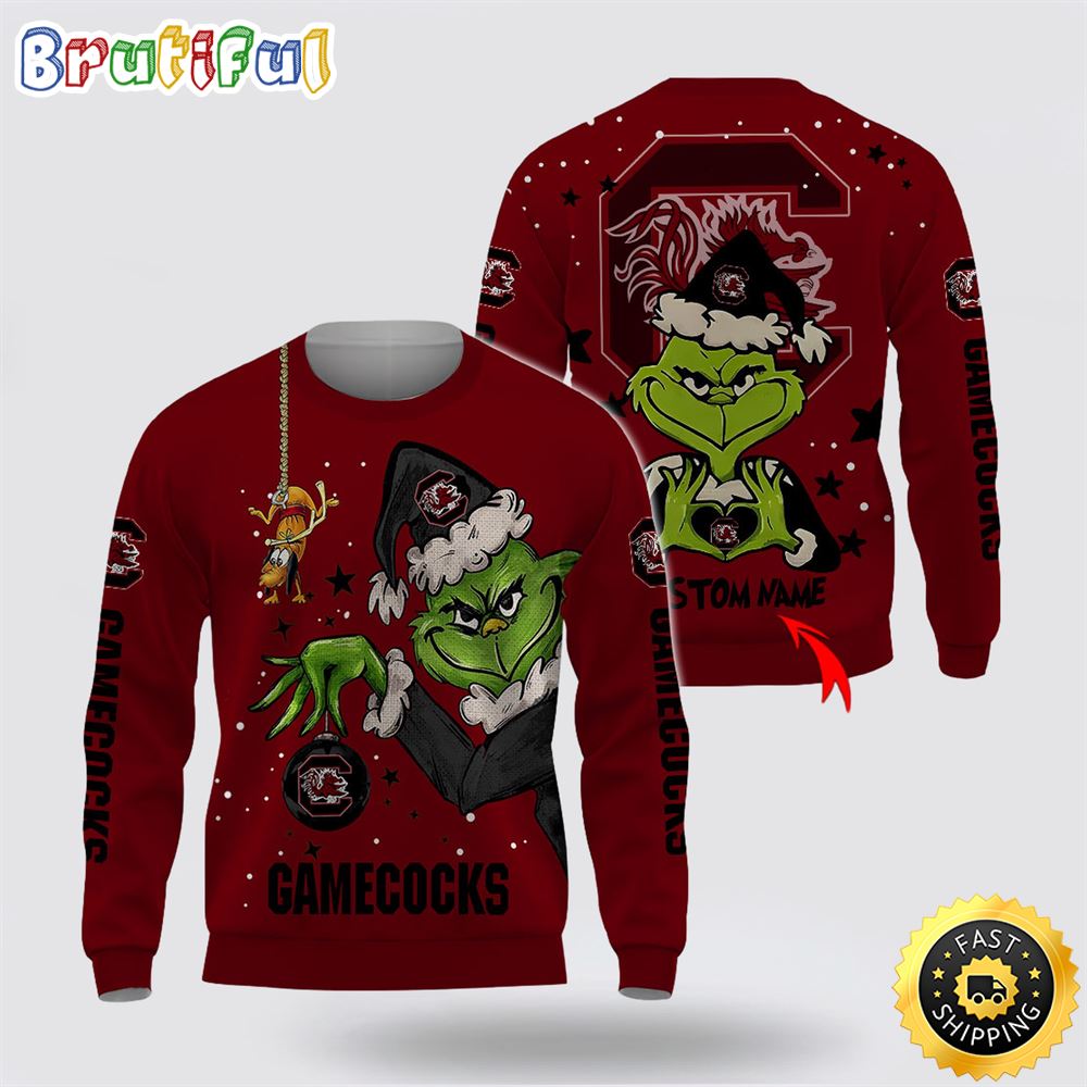 Custom Name NCAA South Carolina Gamecocks Ugly Sweater Grinch Funny Christmas Football Sweater 1 jfrodj.jpg
