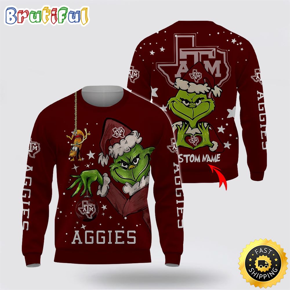 Custom Name NCAA Texas A ampM Aggies Ugly Sweater Grinch Funny Christmas Football Sweater 1 ajnirl.jpg