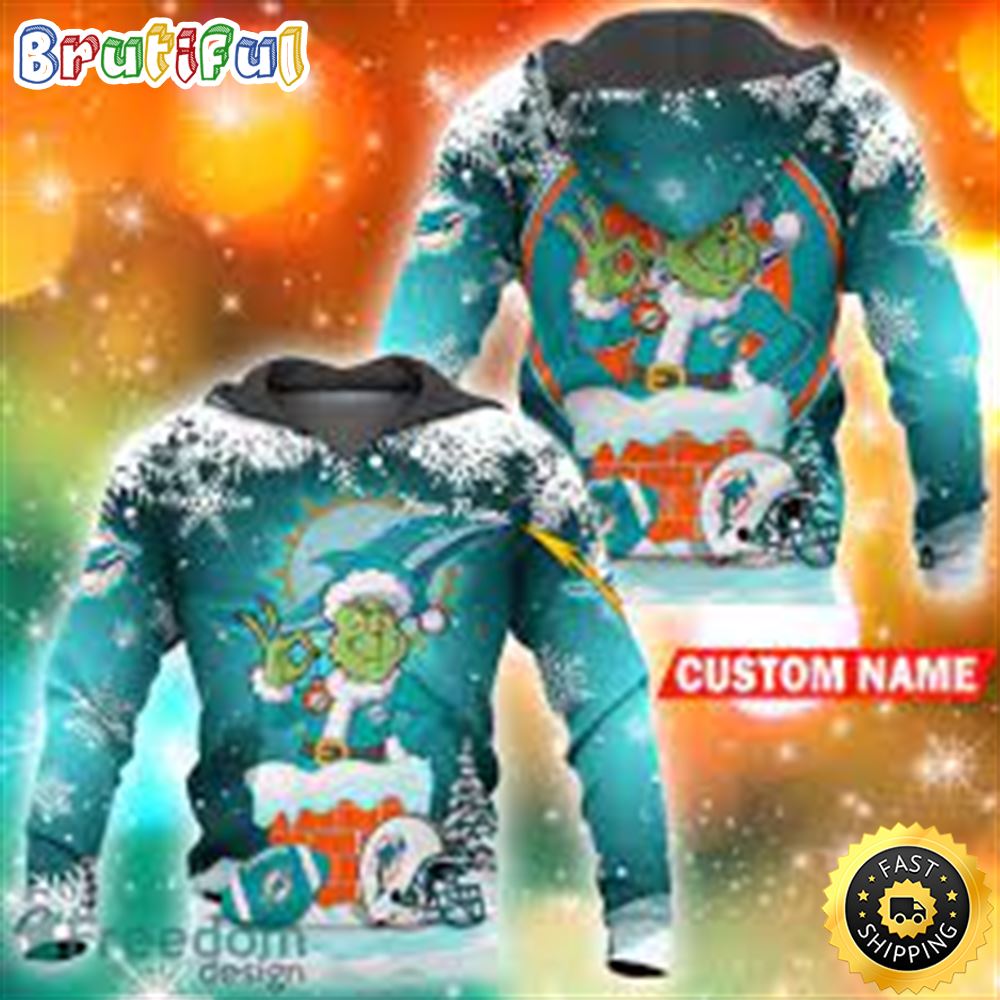 Miami Dolphins NFL Christmas Grinch in Chimney 3D Hoodie Pullover Prints Custom Name stuqf4
