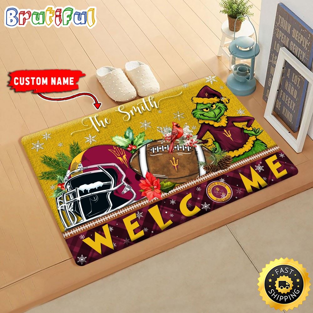 NCAA Arizona State Sun Devils Doormat Grinch Christmas Welcome Custom Name Football Doormat j8kakm.jpg