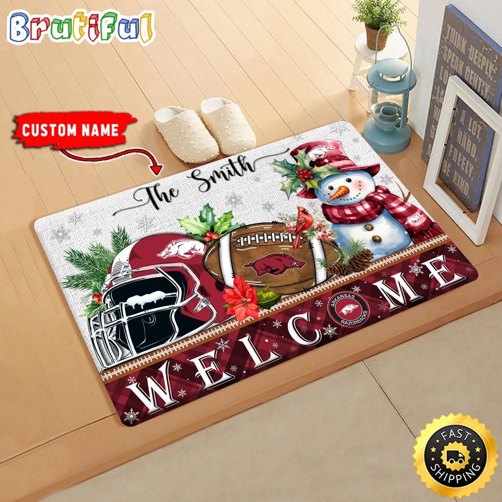 NCAA Arkansas Razorbacks Doormat Welcome Christmas Custom Name Football Doormat qwlbyd.jpg