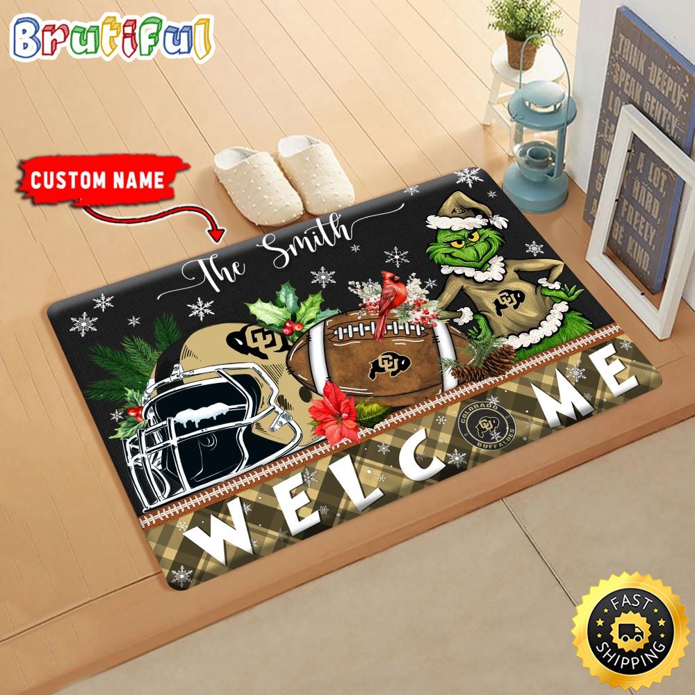 NCAA Colorado Buffaloes Doormat Grinch Christmas Welcome Custom Name Football Doormat haaoww.jpg