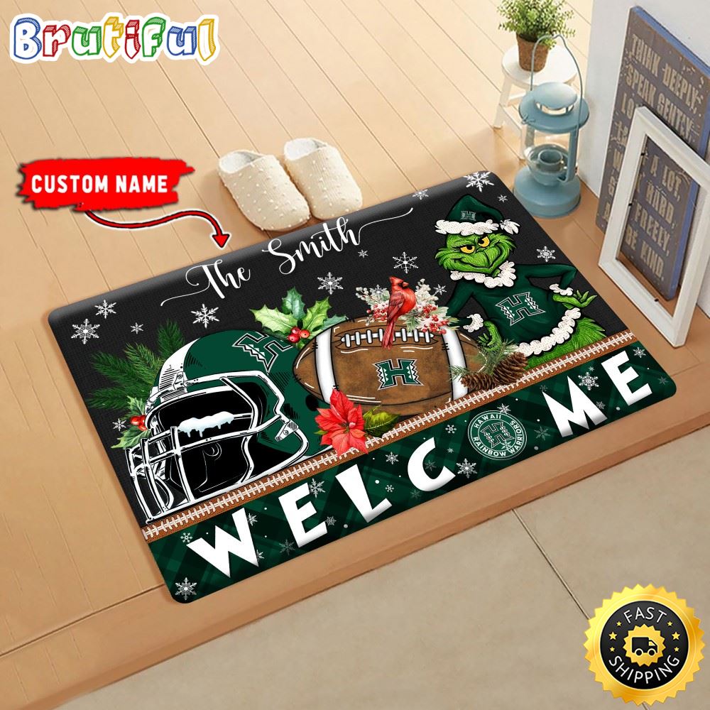 NCAA Hawaii Rainbow Warriors Doormat Grinch Christmas Welcome Custom Name Football Doormat kpfo3w.jpg