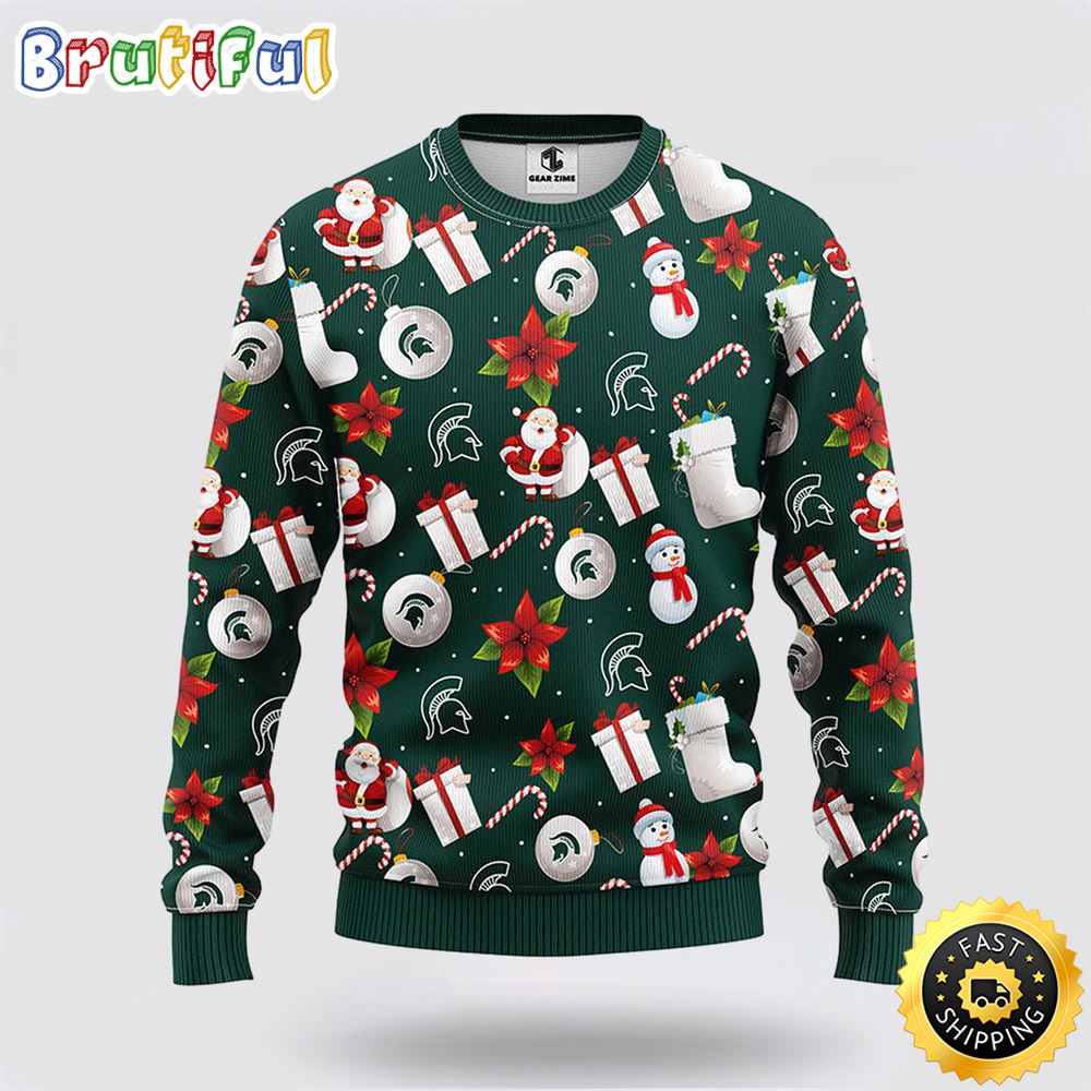 NCAA Michigan State Spartans Ugly Sweater Christmas Santa Snowman Sweater fmeyyx.jpg