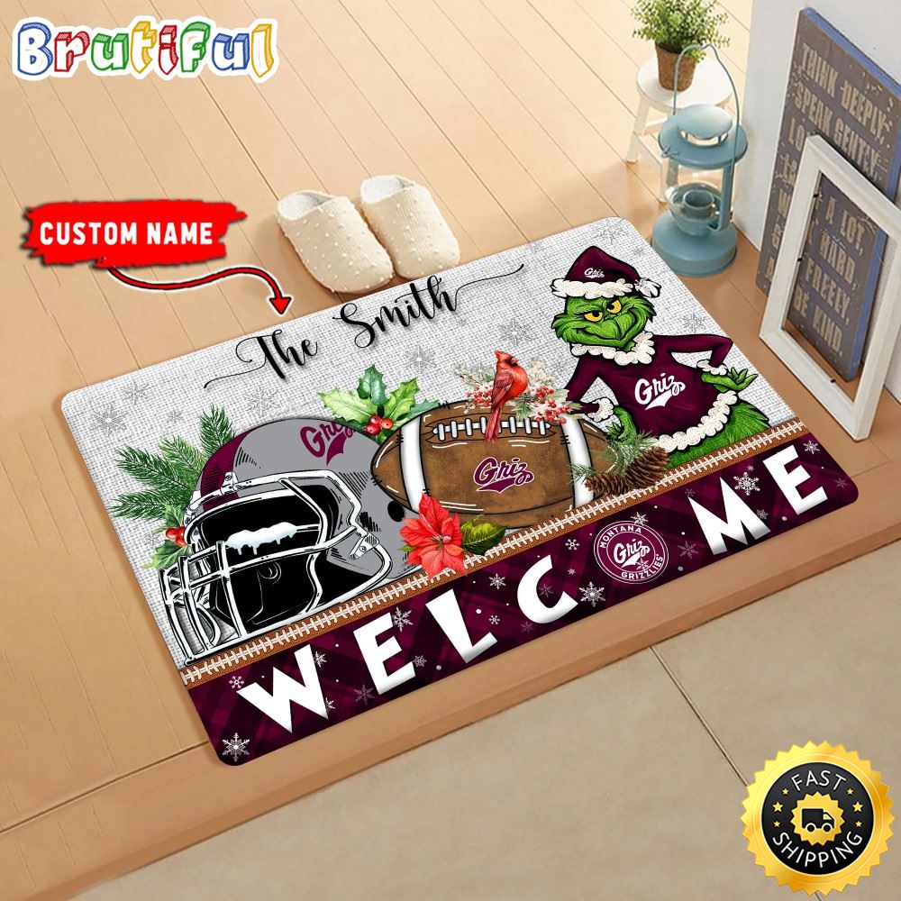 NCAA Montana Grizzlies Doormat Grinch Christmas Welcome Custom Name Football Doormat emboex.jpg