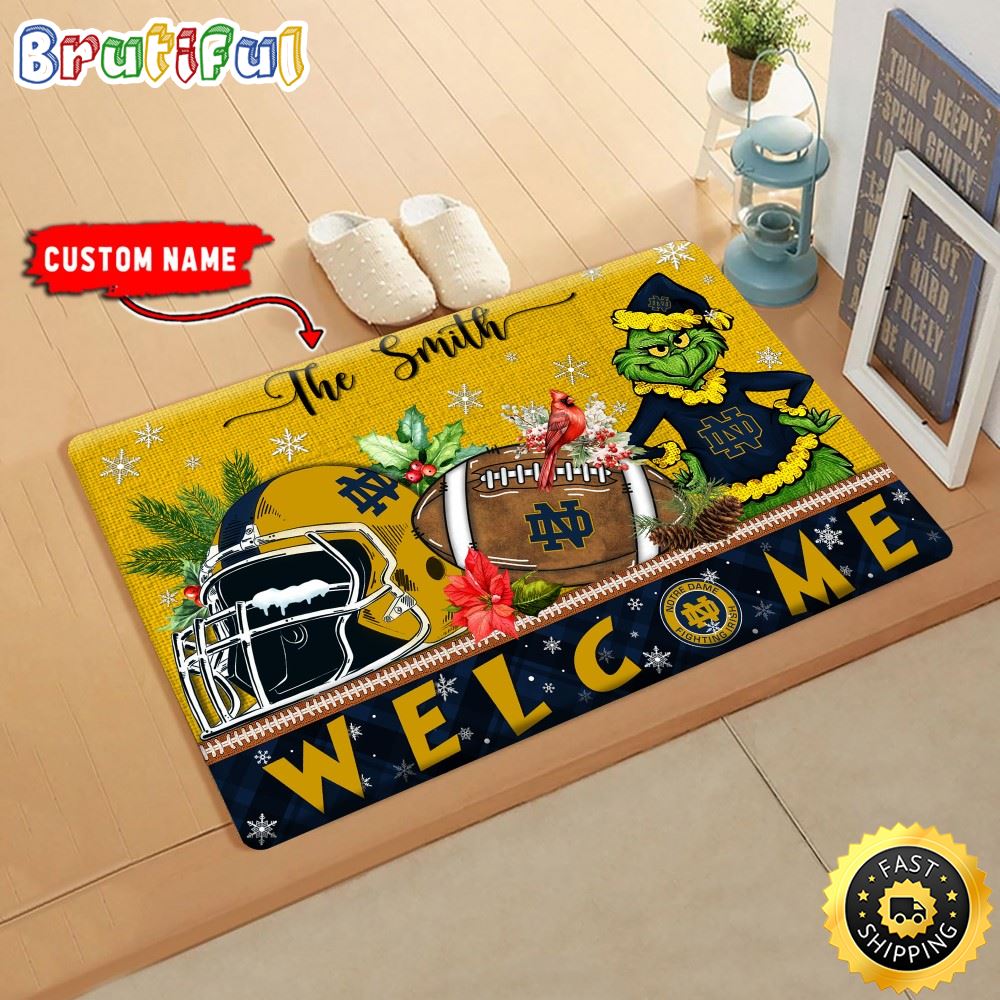 NCAA Notre Dame Fighting Irish Doormat Grinch Christmas Welcome Custom Name Football Doormat wcels3.jpg