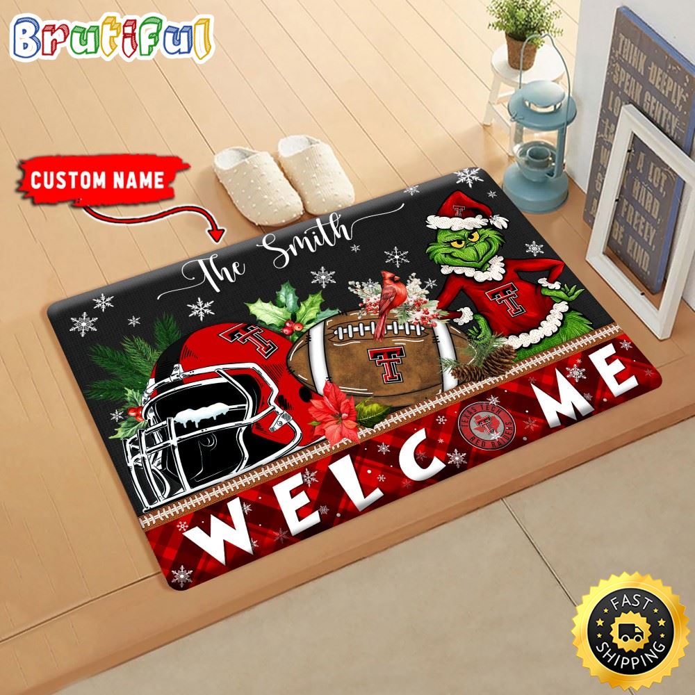 NCAA Texas Tech Red Raiders Doormat Grinch Christmas Welcome Custom Name Football Doormat cwkhxa.jpg