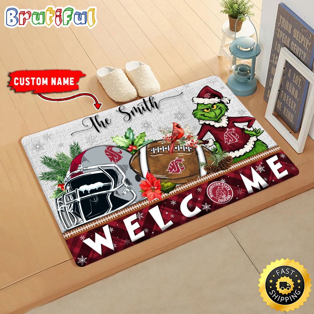 NCAA Washington State Cougars Doormat Grinch Christmas Welcome Custom Name Football Doormat wqrhlw.jpg
