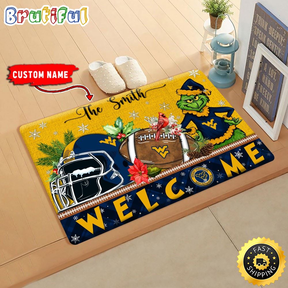 NCAA West Virginia Mountaineers Doormat Grinch Christmas Welcome Custom Name Football Doormat vzhppm.jpg