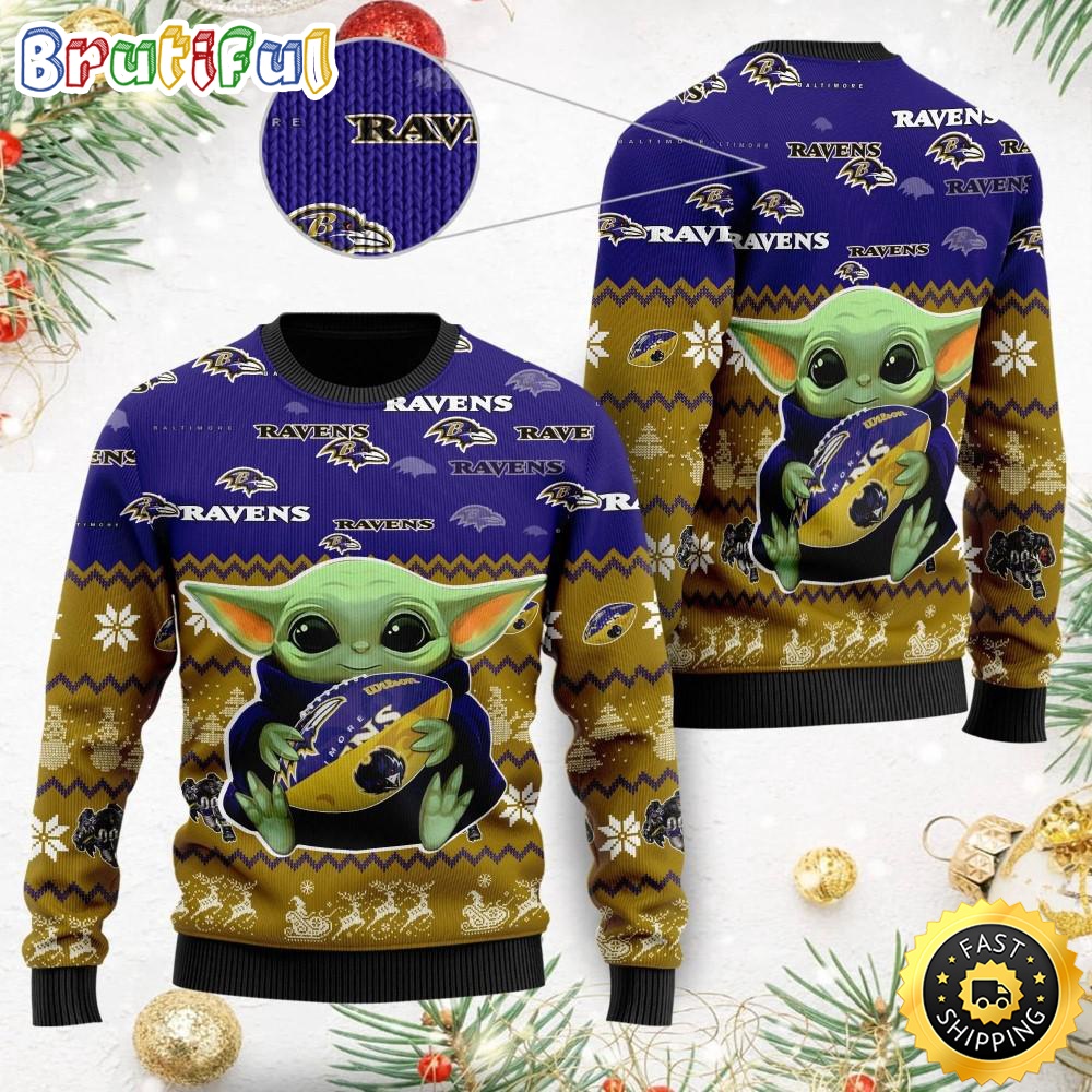 NFL Baltimore Ravens Ugly Christmas Sweater Baby Yoda Print Shirts wknlqy