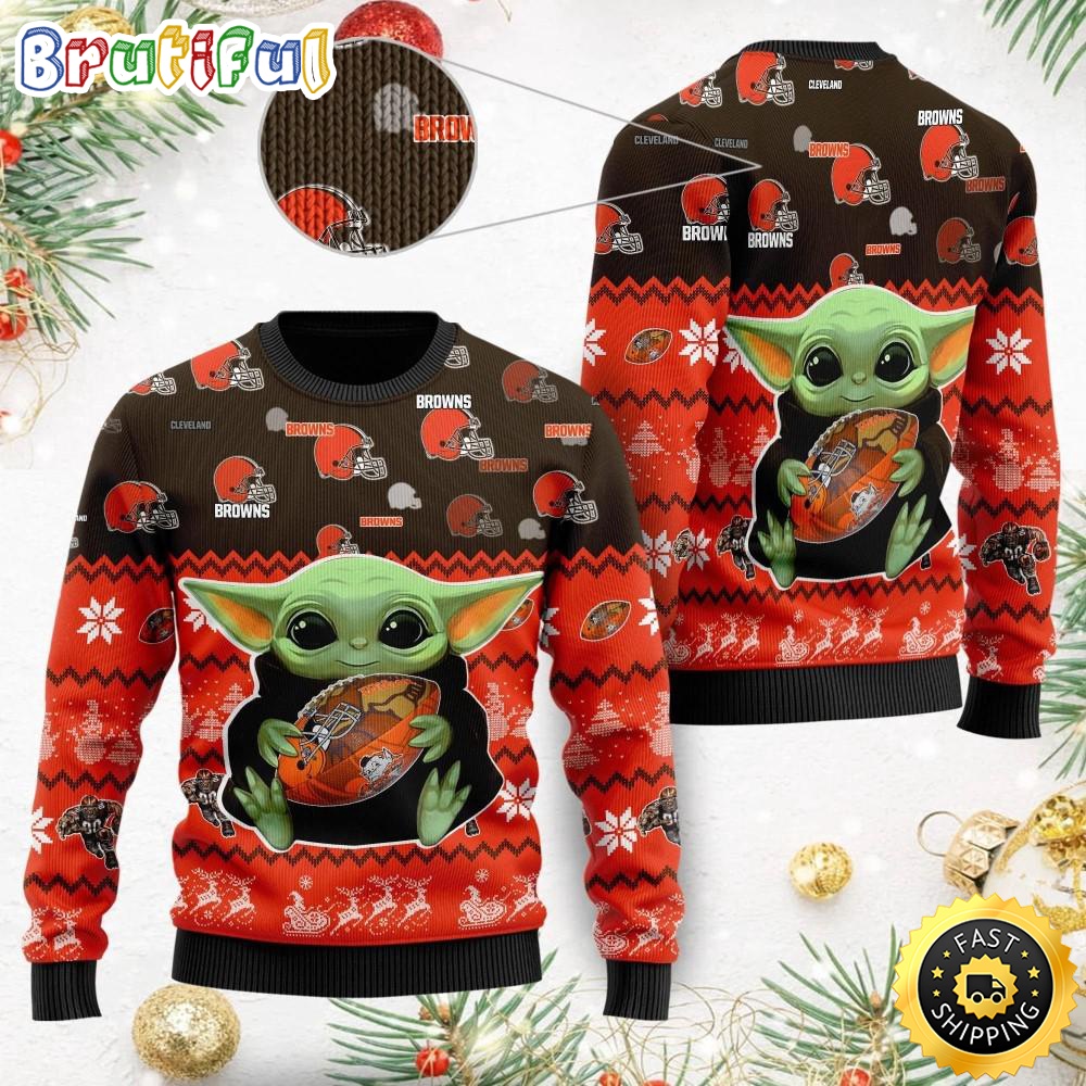 NFL Cleveland Browns Ugly Christmas Sweater Baby Yoda Print Shirts iwfmcp