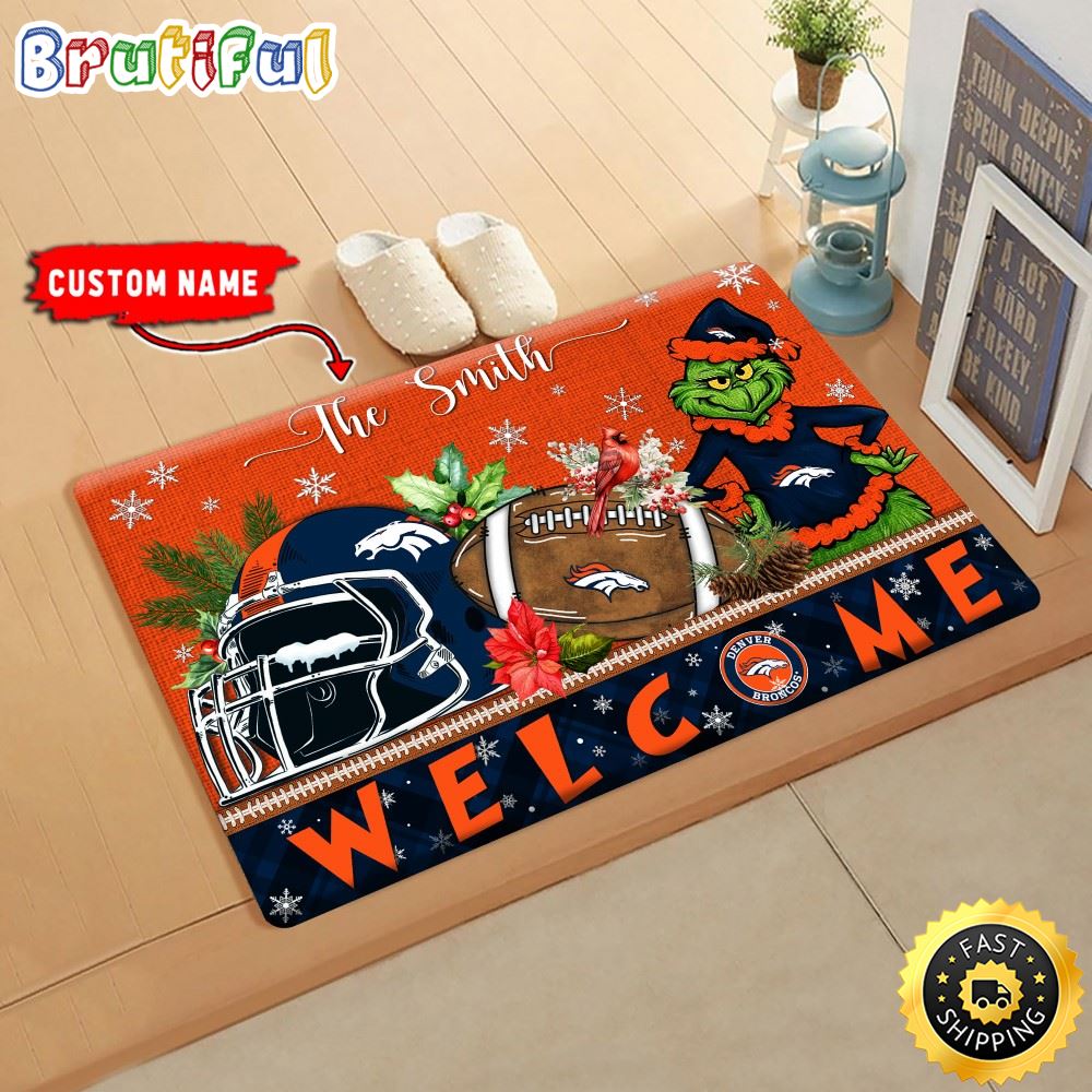 NFL Denver Broncos Doormat Grinch Christmas Welcome Custom Name Football Doormat m9egwh.jpg