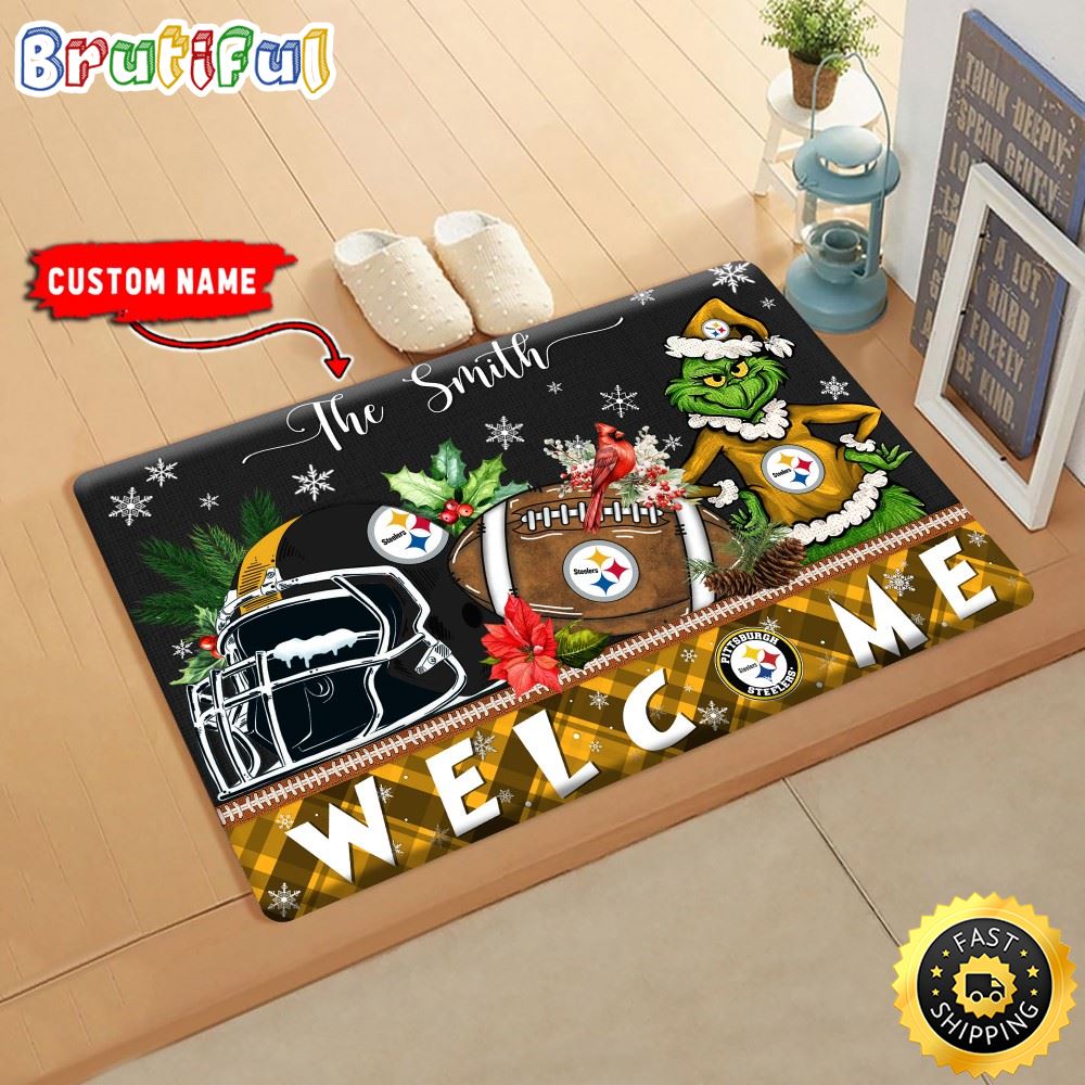NFL Pittsburgh Steelers Doormat Grinch Christmas Welcome Custom Name Football Doormat vjwlo1.jpg