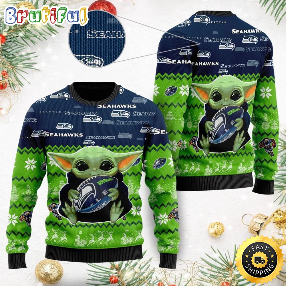 NFL Seattle Seahawks Ugly Christmas Sweater Baby Yoda Print Shirts eqzhp6