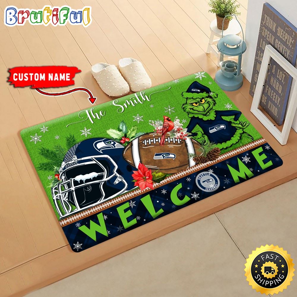 NFL Seattle seahawks Doormat Grinch Christmas Welcome Custom Name Football Doormat uv7rzd.jpg