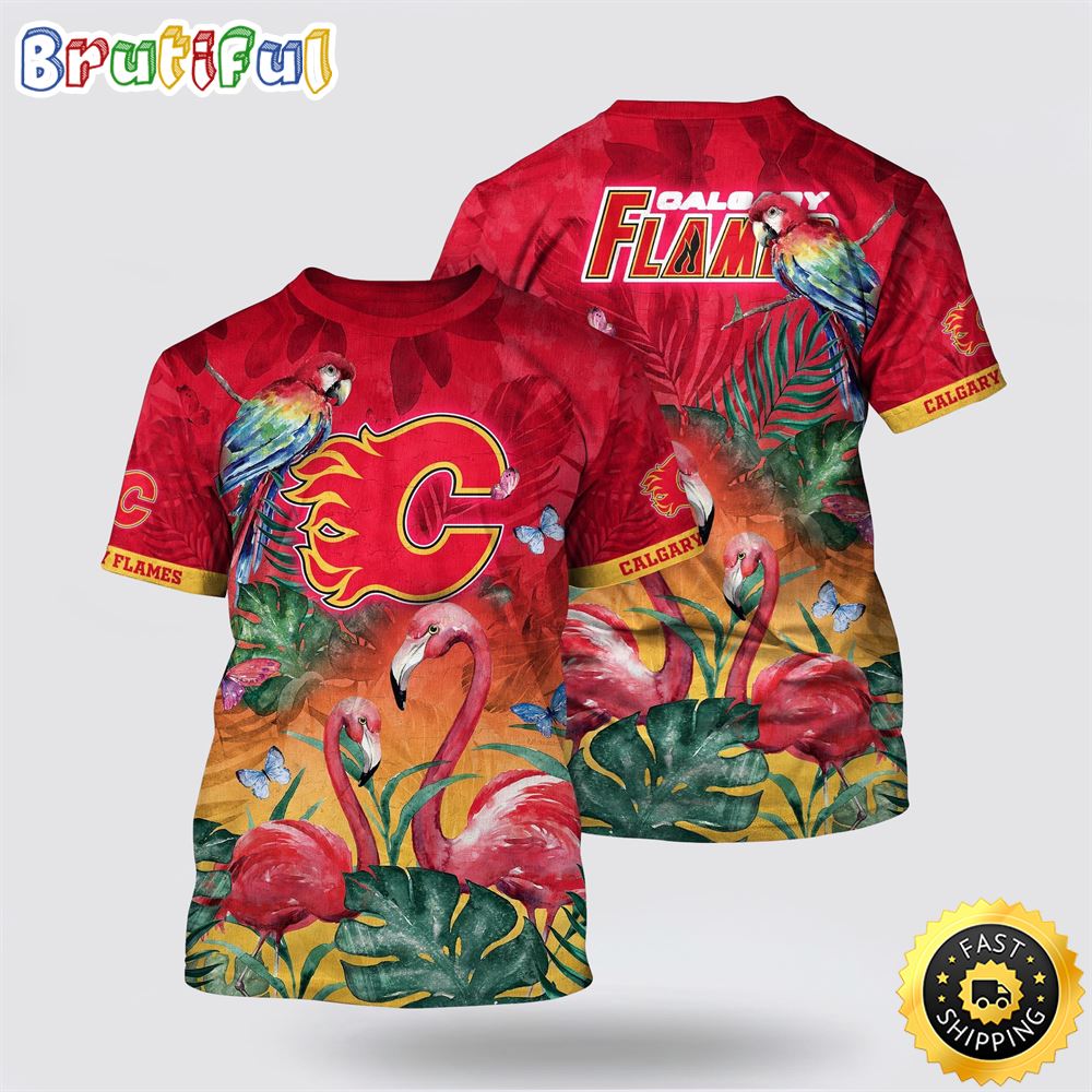 NHL Calgary Flames All Over Print T Shirt Tropical Parrot And Flamingo Motifs Summer T Shirt 1 igjike.jpg