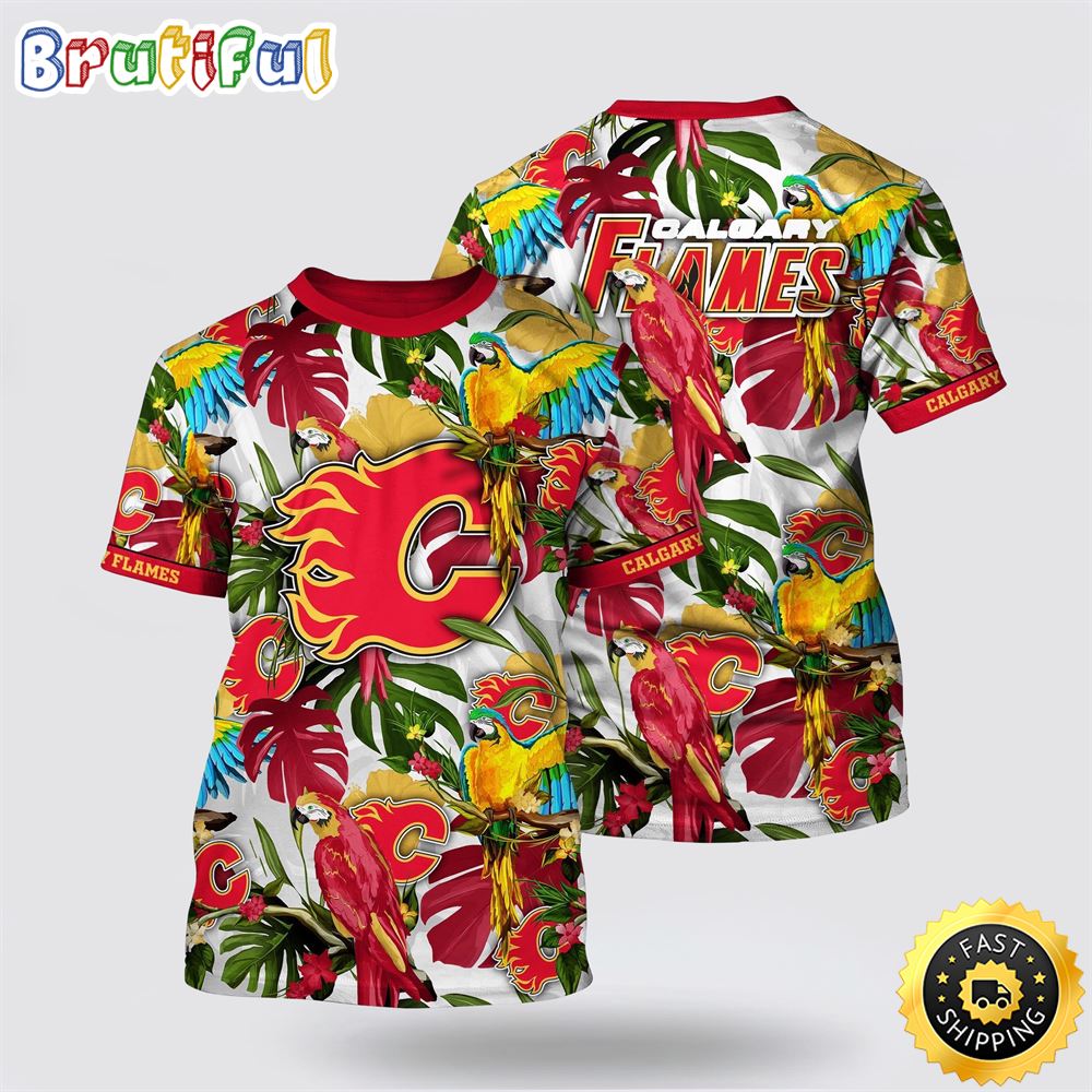NHL Calgary Flames All Over Print T Shirt Tropical Parrot Pattern Summer T Shirt 1 el4vxx.jpg