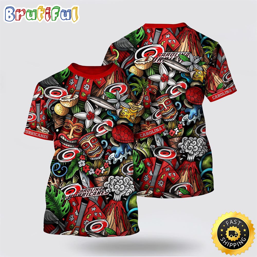 NHL Carolina Hurricanes All Over Print T Shirt Tropical Tiki Pattern Summer T Shirt 1 ndfmpj.jpg