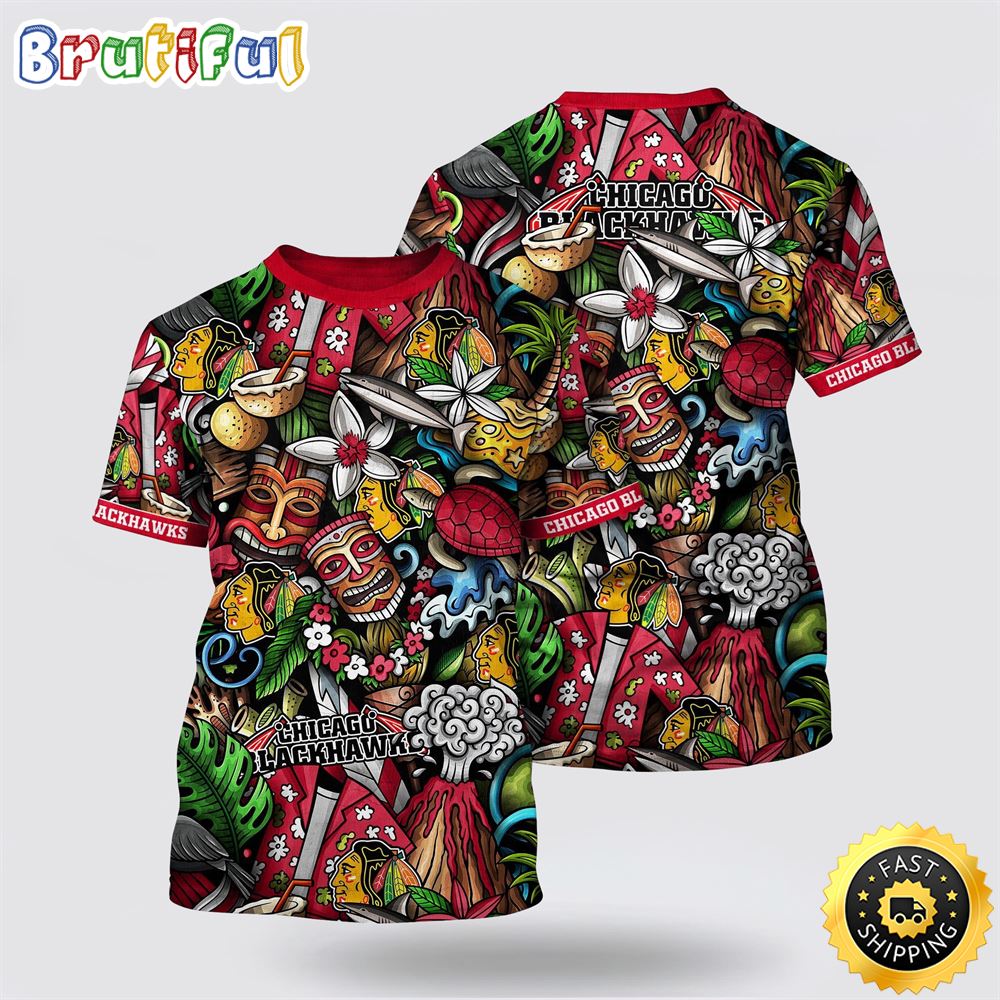 NHL Chicago Blackhawks All Over Print T Shirt Tropical Tiki Pattern Summer T Shirt 1 zmw7p6.jpg