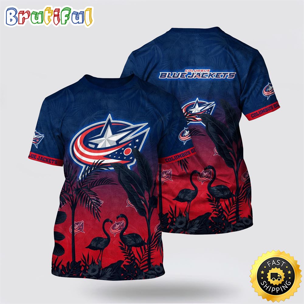 NHL Columbus Blue Jackets All Over Print T Shirt Tropical Flamingo Pattern Summer T Shirt 1 ruinnb.jpg