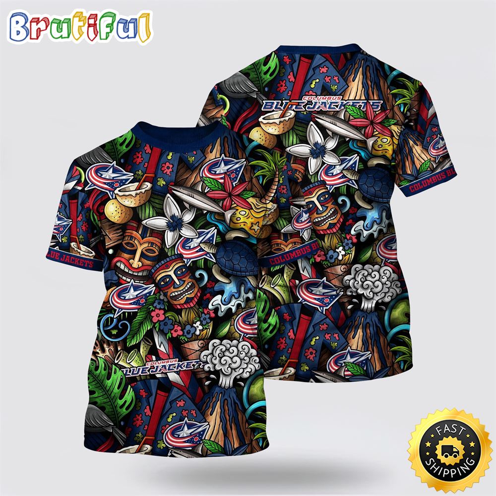 NHL Columbus Blue Jackets All Over Print T Shirt Tropical Tiki Pattern Summer T Shirt 1 fvkrra.jpg