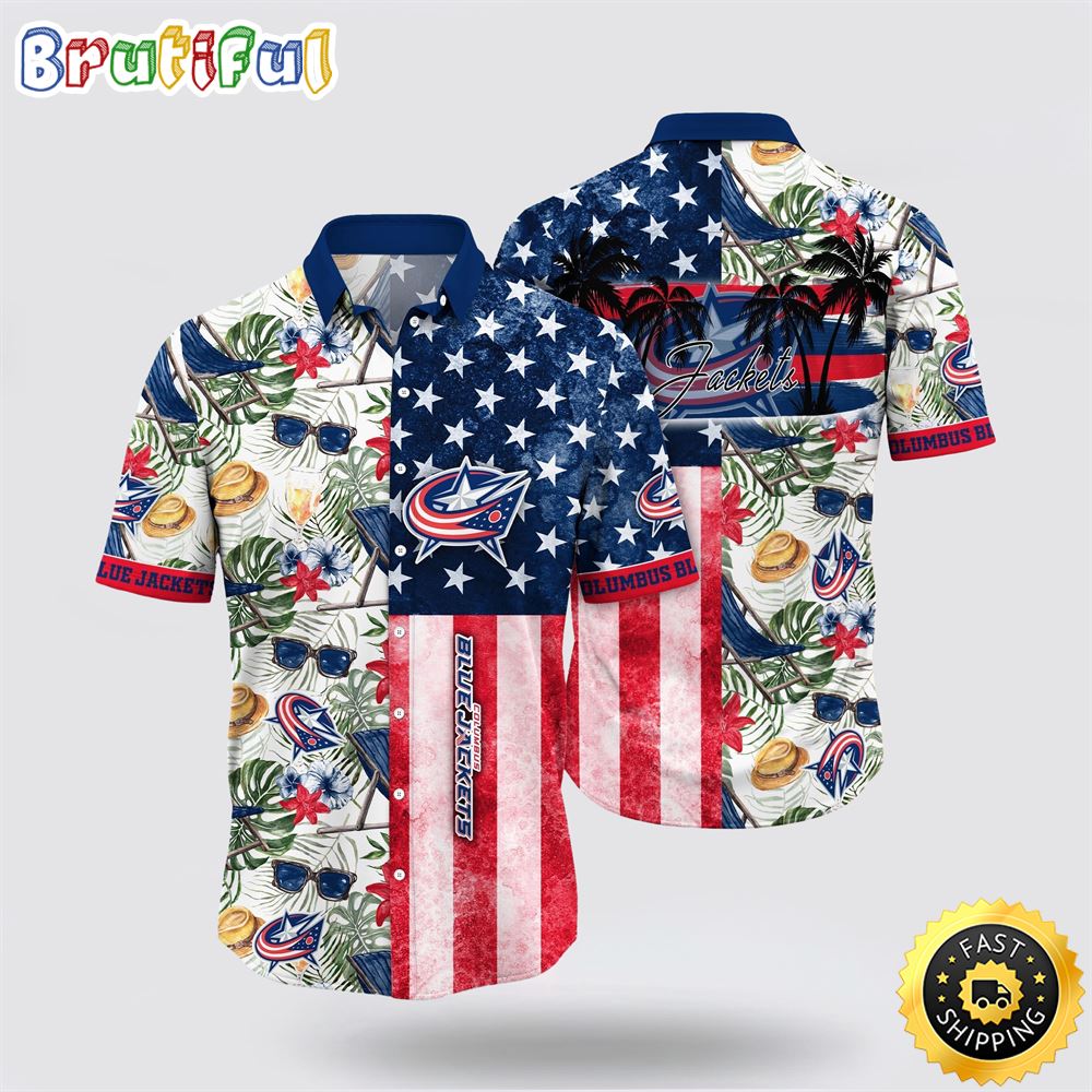 NHL Columbus Blue Jackets Hawaiian Shirt Tropical Hat And Glasses Pattern Summer Hawaiian Shirt 1 utuphm.jpg