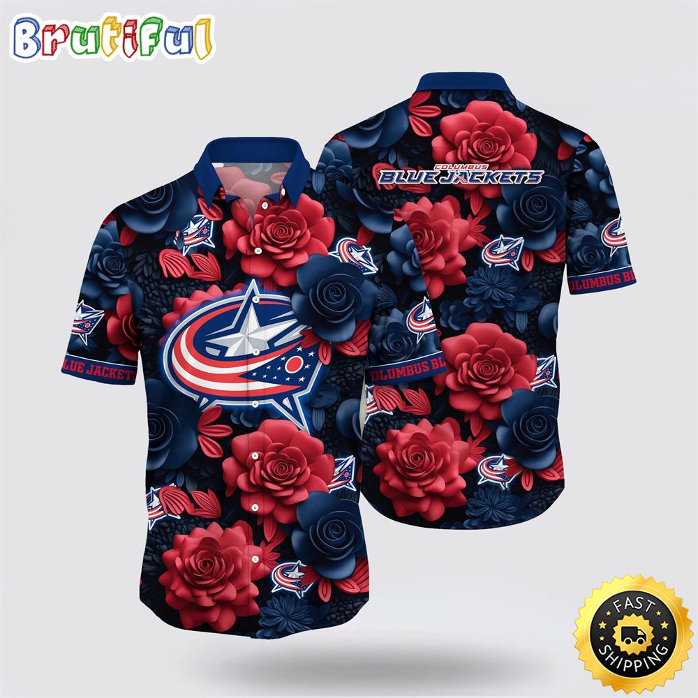 NHL Columbus Blue Jackets Hawaiian Shirt Tropical Rose Pattern Summer Hawaiian Shirt 1 nmojtn.jpg
