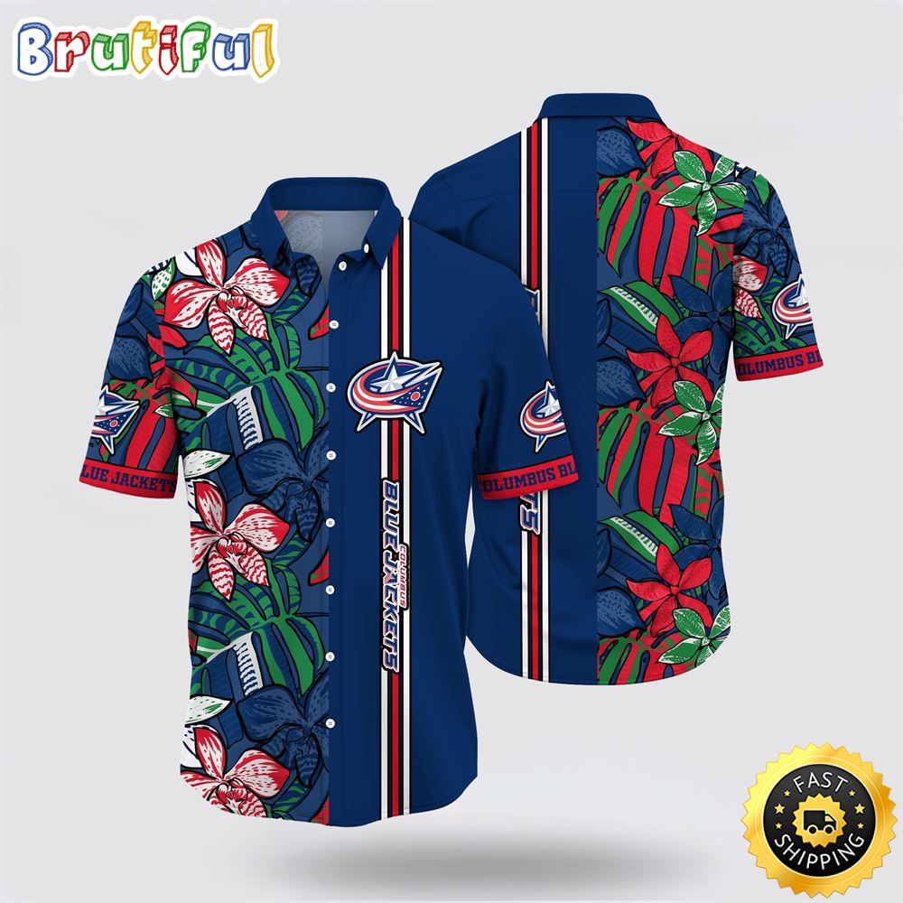 NHL Columbus Blue Jackets Hawaiian Shirt Tropical Tropical Forest Floral Pattern Summer Hawaiian Shirt 1 sl58yi.jpg