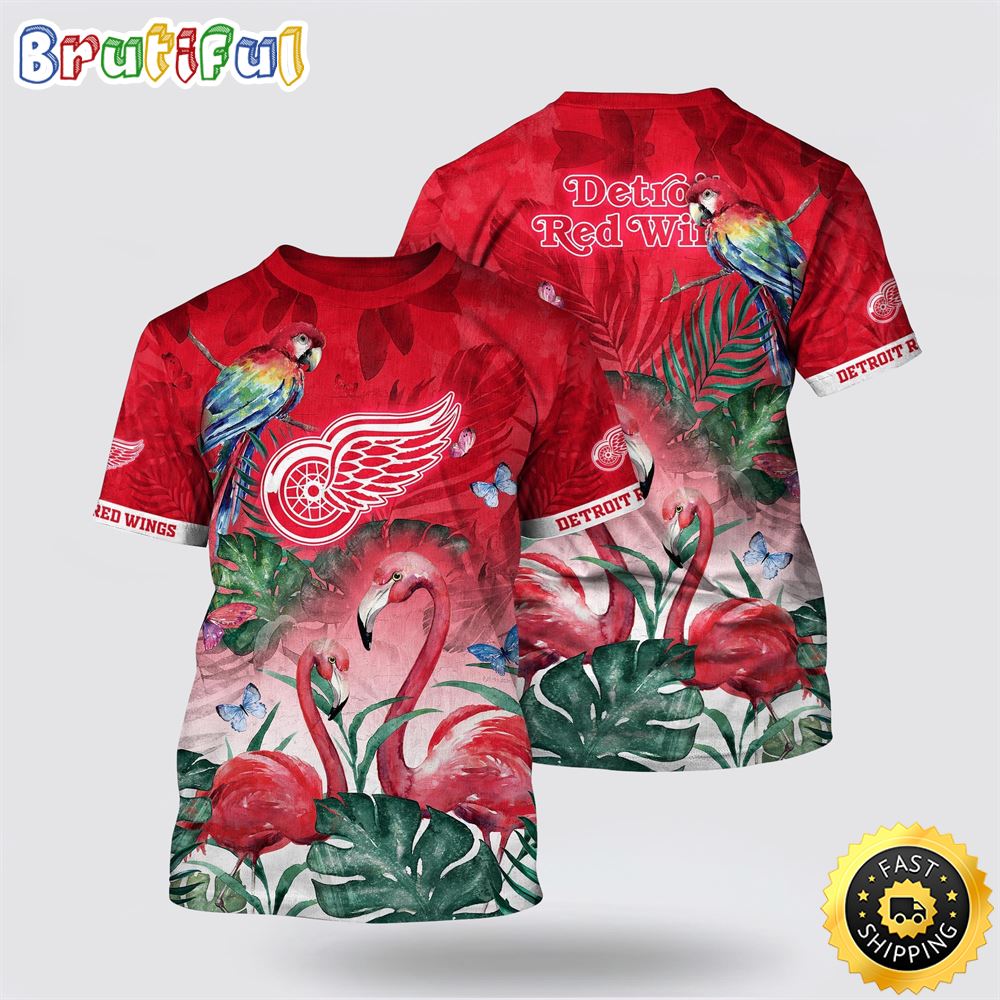 NHL Detroit Red Wings All Over Print T Shirt Tropical Parrot And Flamingo Motifs Summer T Shirt 1 tteuwa.jpg