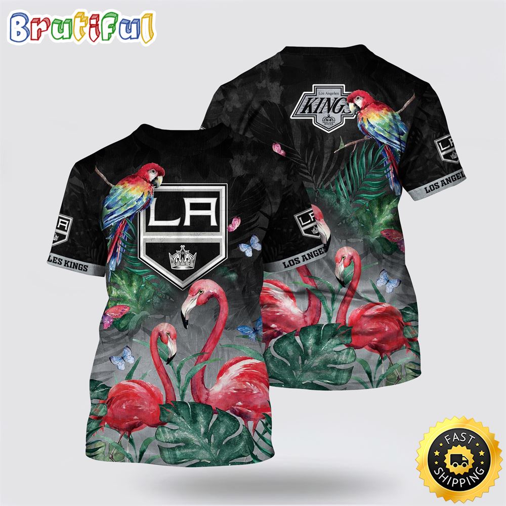 NHL Los Angeles Kings All Over Print T Shirt Tropical Parrot And Flamingo Motifs Summer T Shirt 1 a01joa.jpg