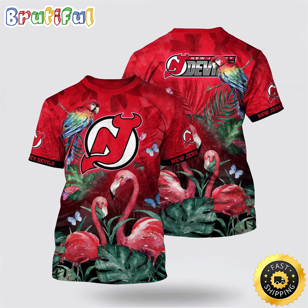 NHL New Jersey Devils All Over Print T Shirt Tropical Parrot And Flamingo Motifs Summer T Shirt 1 lujpya.jpg