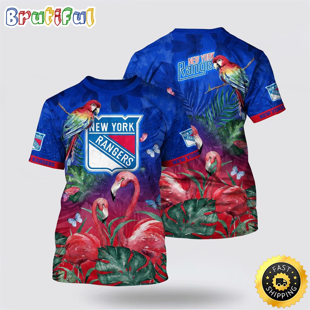 NHL New York Rangers All Over Print T Shirt Tropical Parrot And Flamingo Motifs Summer T Shirt 1 avnawh.jpg