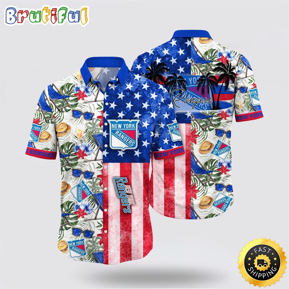 NHL New York Rangers Hawaiian Shirt Tropical Hat And Glasses Pattern Summer Hawaiian Shirt 1 k9dmao.jpg