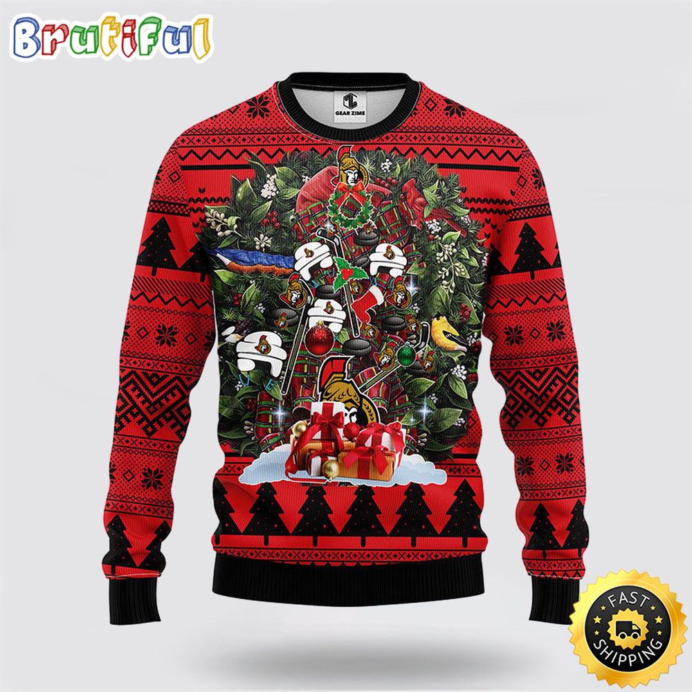 NHL Ottawa Senators Ugly Sweater Tree Ugly Christmas Fleece Sweater ynzbuu.jpg