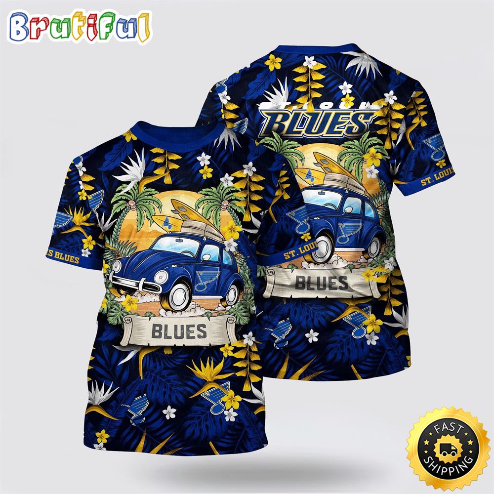 NHL St. Louis Blues All Over Print T Shirt Tropical Forest Motif Car Traveling Summer T Shirt 1 ojgall.jpg