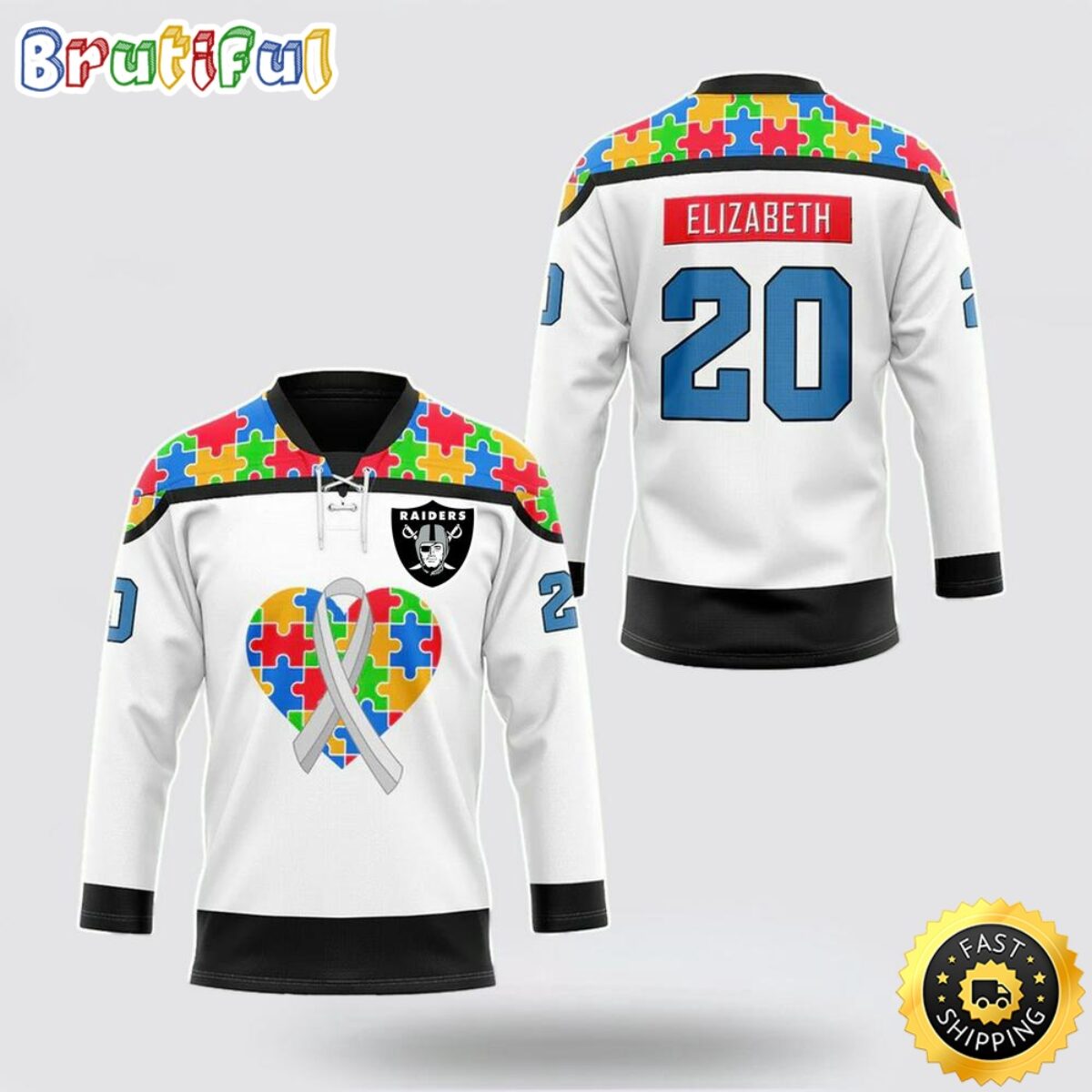 Personalized NFL Las Vegas Raiders Hockey Jersey Autism Awareness