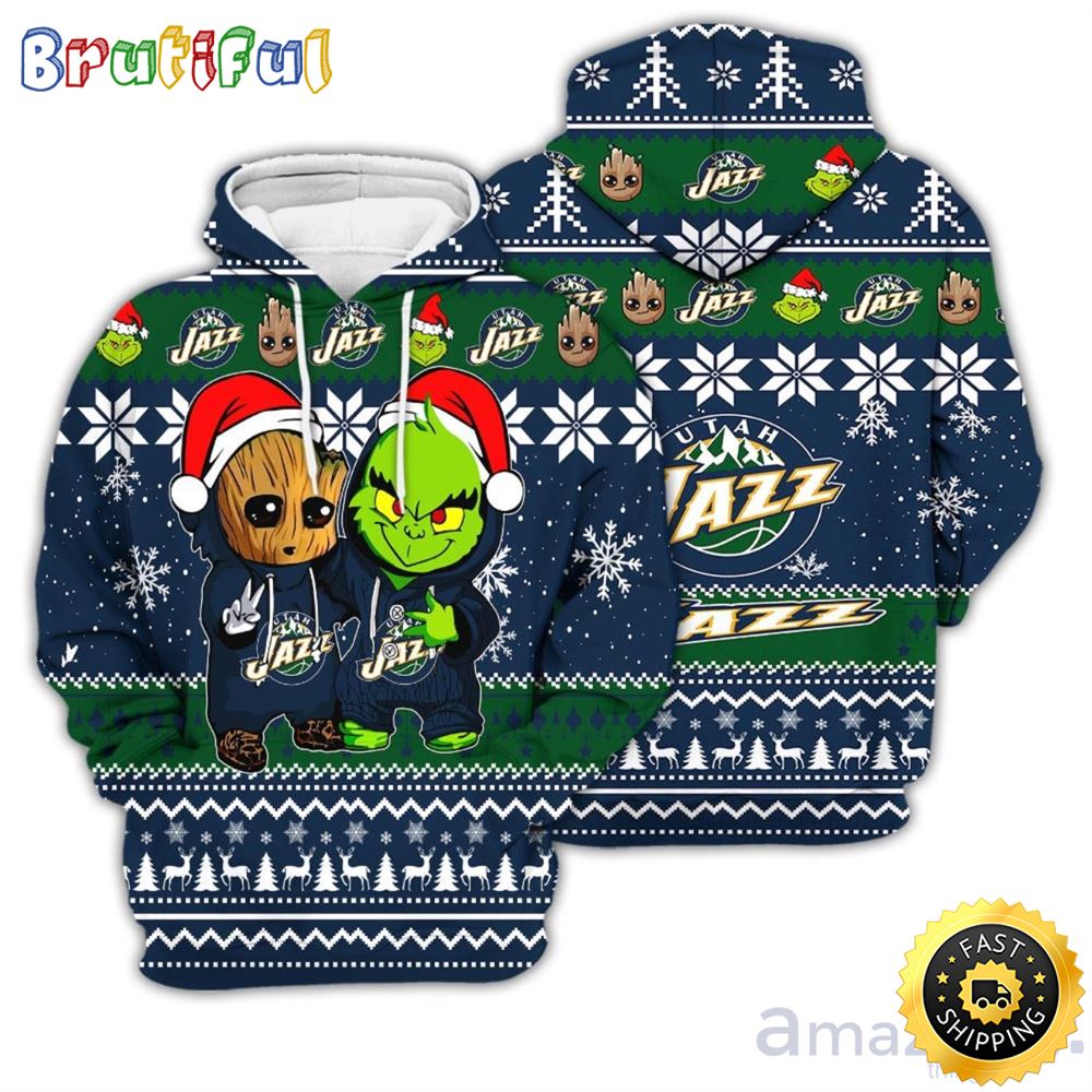 Utah Jazz Baby Groot And Grinch Best Friends 3D Hoodie rq61x4