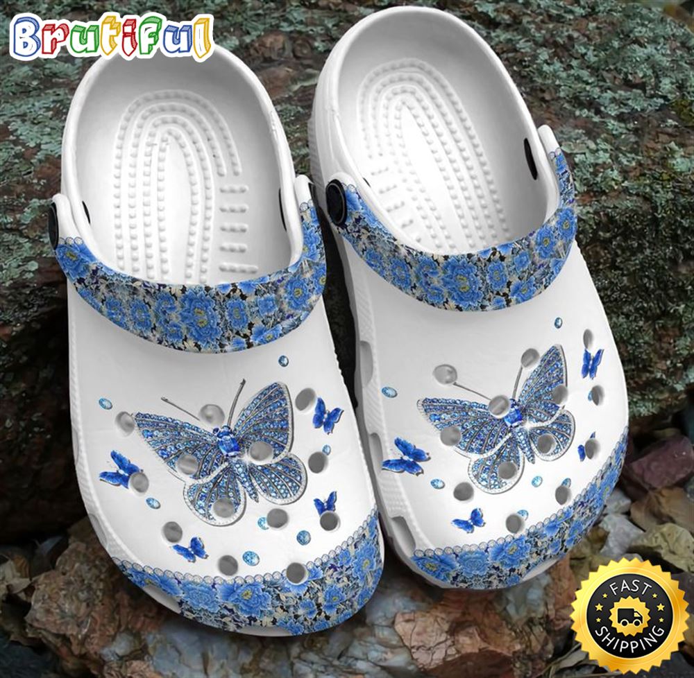 Blue Bling Butterfly Blue Flowers Butterfly Lovers Daughter Mother Girlfriend Clog Shoes yvmucu.jpg