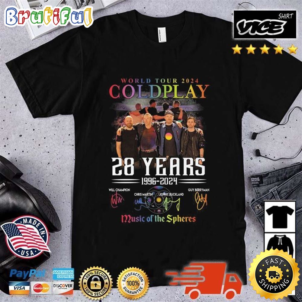 Coldplay World Tour 2024 28 Years 1996 2024 Music Of The Spheres Signatures T Shirt i9tkek.jpg