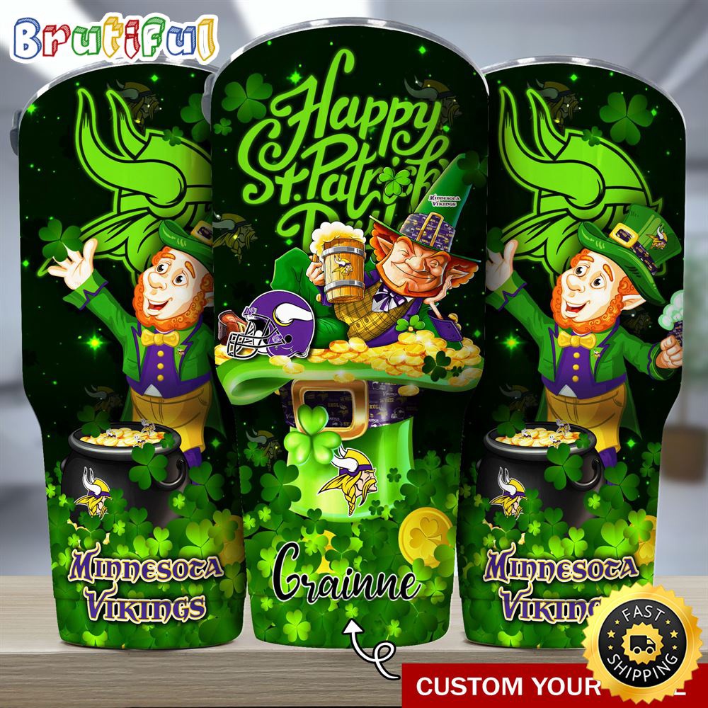 Custom Name NFL Minnesota Vikings Tumbler The Saint Patricks Day Tumbler For Fans tlmuhh.jpg