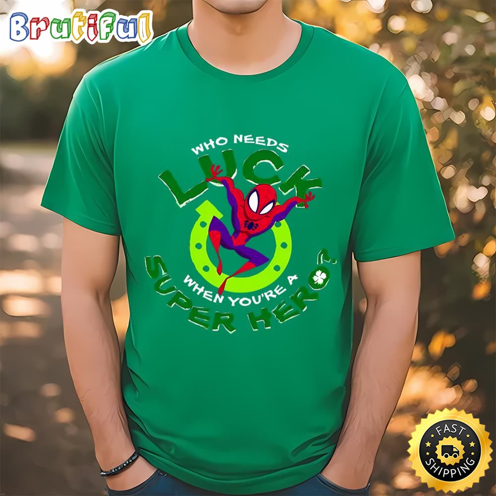 Marvel Spider Man Who Needs Luck Superhero St. Patrick’s Day T shirt Tee