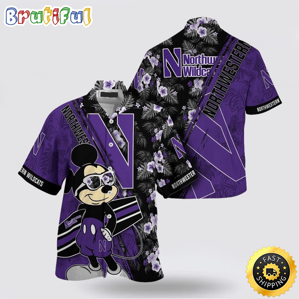 NCAA Northwestern Wildcats Hawaiian Shirt Mickey And Floral Pattern 1 mrxsho.jpg