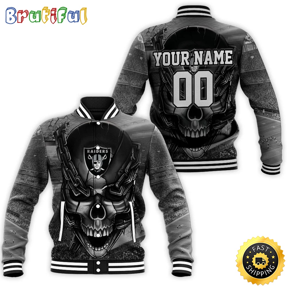 Personalized NFL Oakland Raiders Baseball Jacket Skull Chains hr53ae.jpg