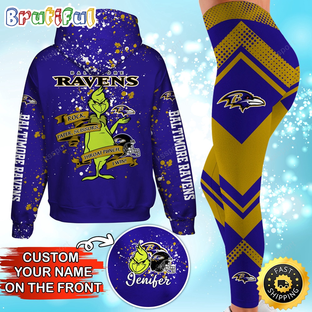 Custom NFL Baltimore Ravens Hoodie Leggings The Grinch Hoodie Rock Paper Scissors Throat Punch I Win