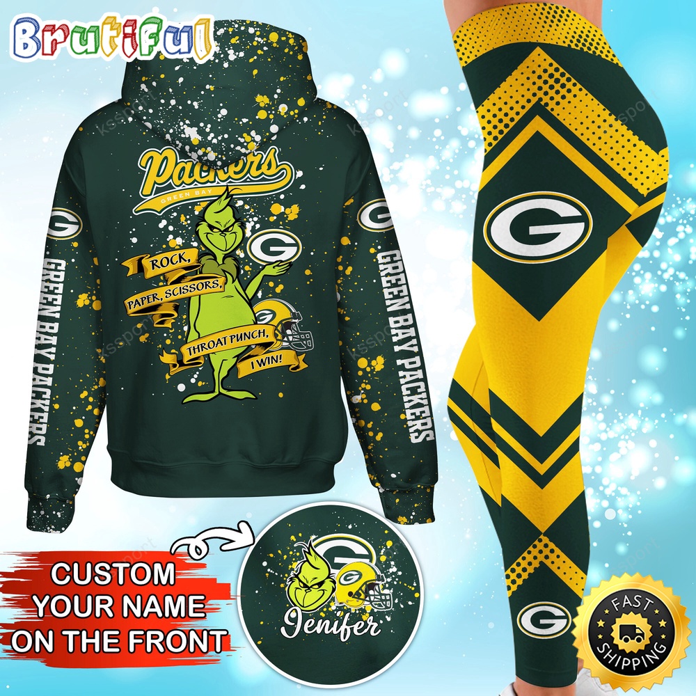 Custom NFL Green Bay Packers Hoodie Leggings The Grinch Hoodie Rock Paper Scissors Throat Punch I Win