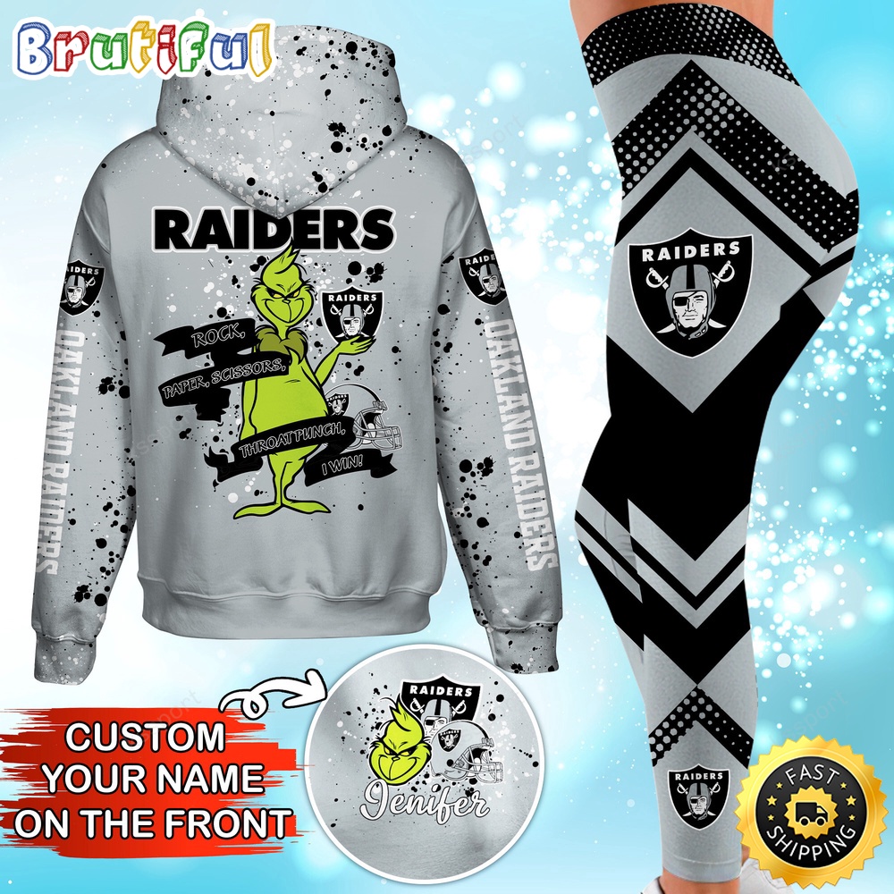 Custom NFL Las Vegas Raiders Hoodie Leggings The Grinch Hoodie Rock Paper Scissors Throat Punch I Win