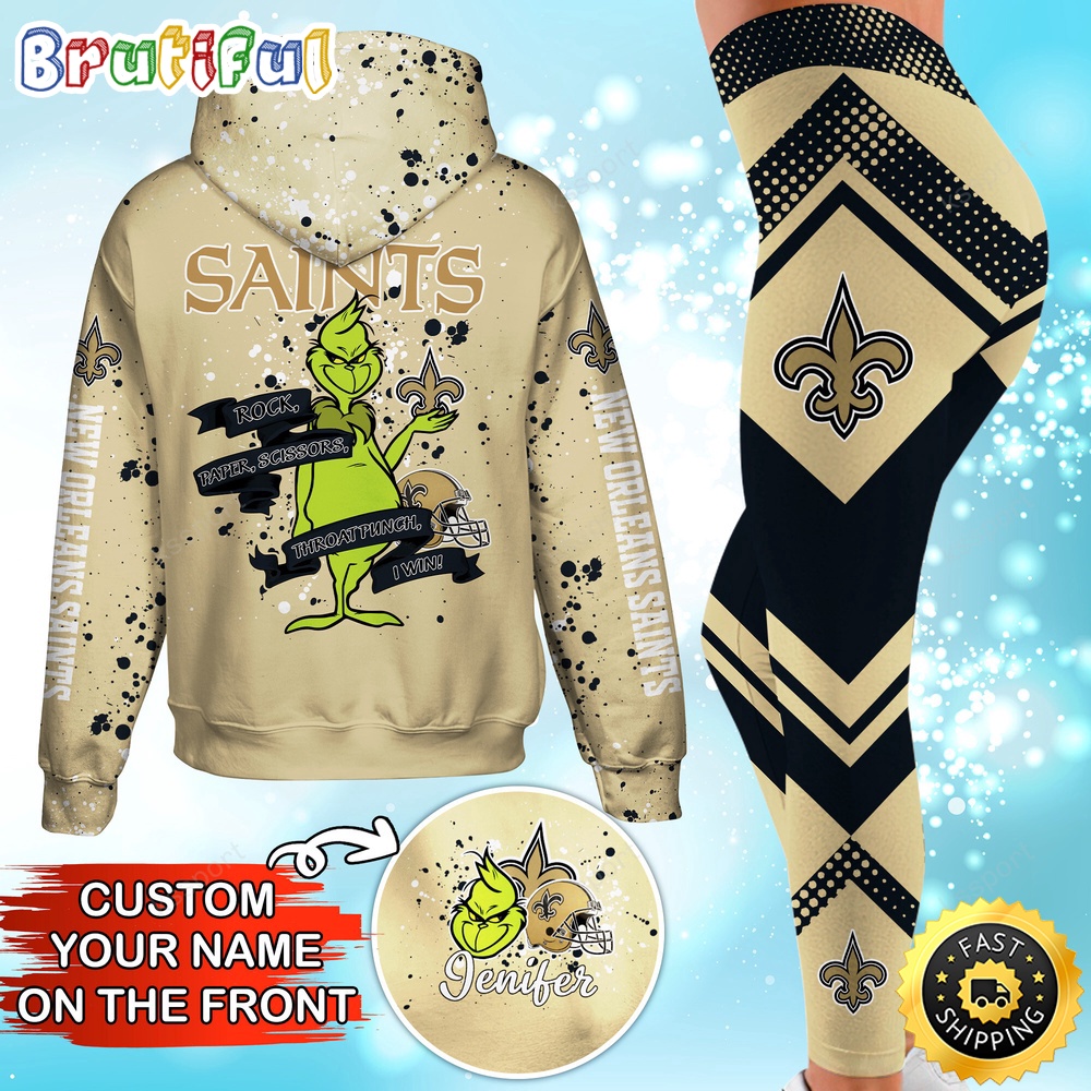 Custom NFL New Orleans Saints Hoodie Leggings The Grinch Hoodie Rock Paper Scissors Throat Punch I Win