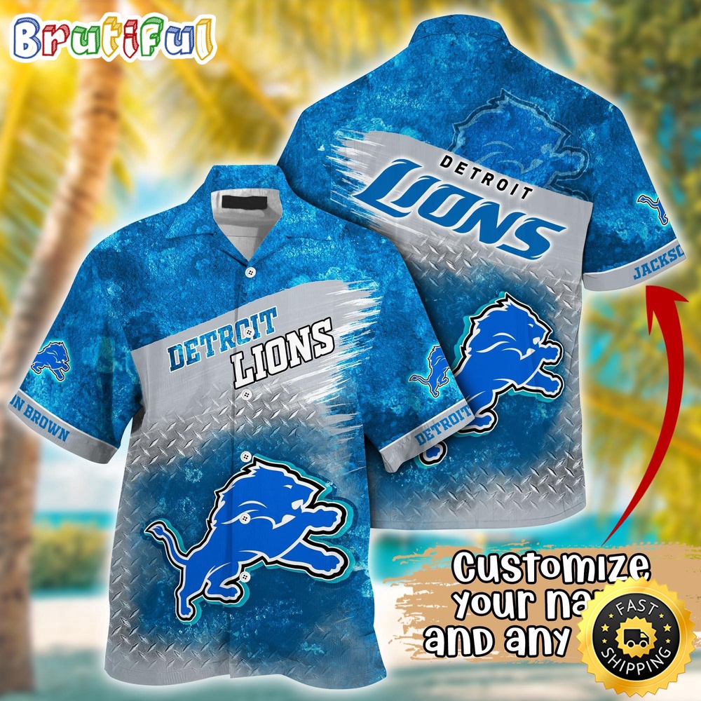 Customized NFL Detroit Lions Hawaiian Shirt Metal Pattern Aloha Shirt